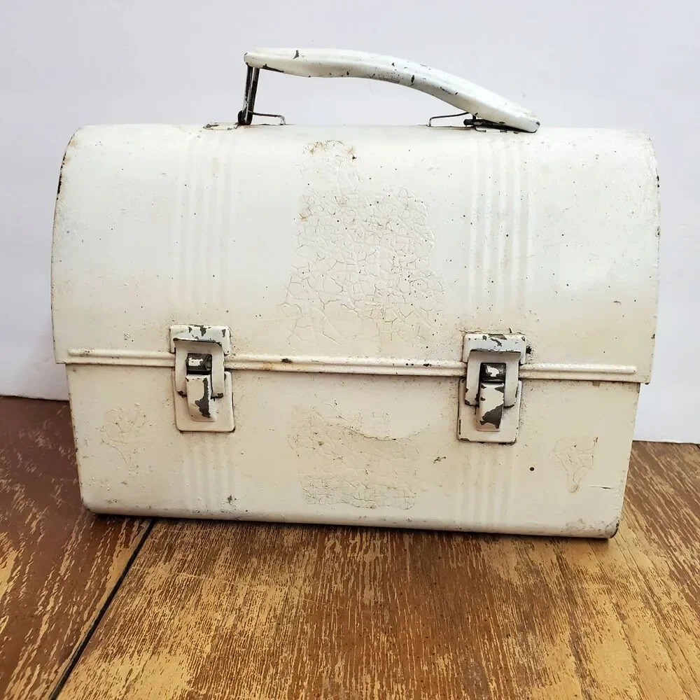 Vintage White Metal Dome Top Lunch Box Industrial Workman Pail Pre-1970 Patina